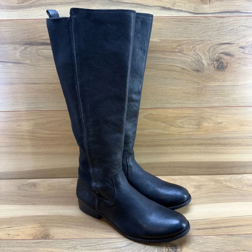 Frye Molly Tall Stretch Boots Womens 7 B Black Leather Equestrian Riding Sleek